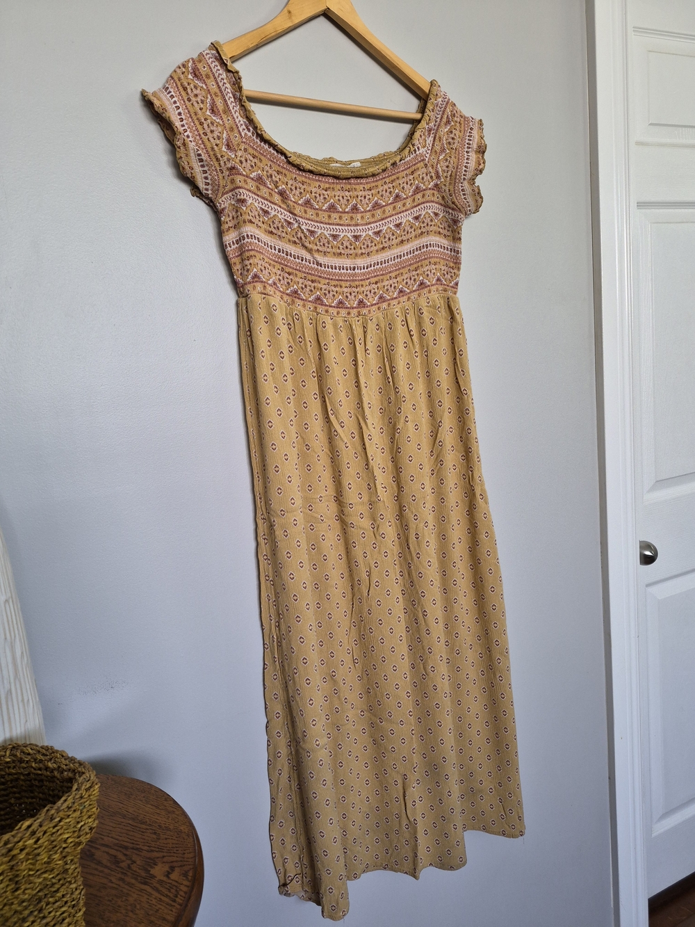 Smocked Neckline Maxi Dress in Mustard with Pink